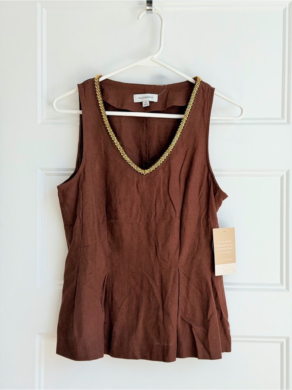 Sleeveless Linen V-Neck Tank with Gold Braid Trim - Brown